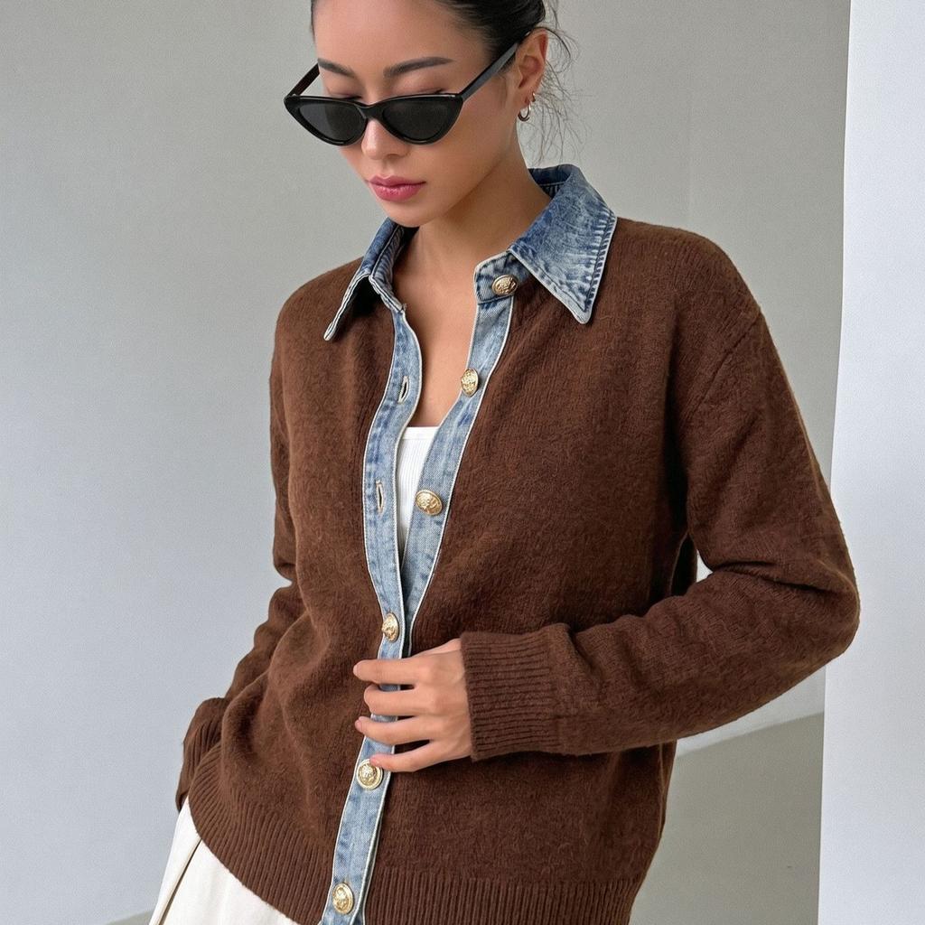 Denim splicing fake two-piece lapel knitted cardigan European, American autumn and winter loose women's long-sleeved top