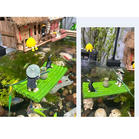 Floating Bamboo Raft Sculpture with Old Man And Cormorant Resin Miniature Figurine Decorative Zen Aquarium Statue for Outdoor Indoor Fish Tank Pond