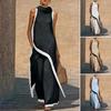 Ensemble deux pièces pour femme en coton et lin Color Block Ourlet asymétrique Col montant Sans manches Pantalon large Ensembles de détente pour les vacances