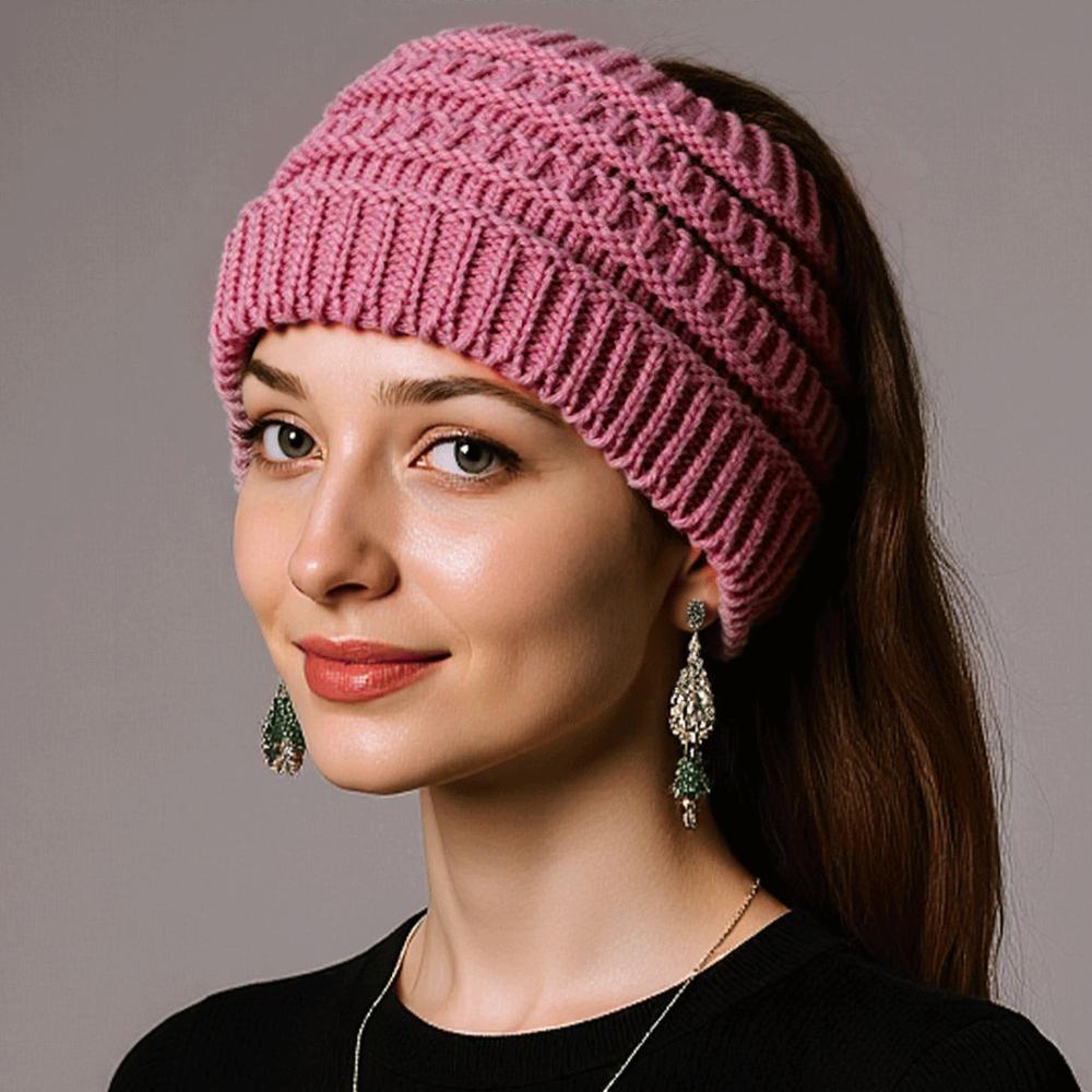 Solid Color Ponytail Beanie Hat Headwear Women's Hat Warm Knitting Headband  Winter