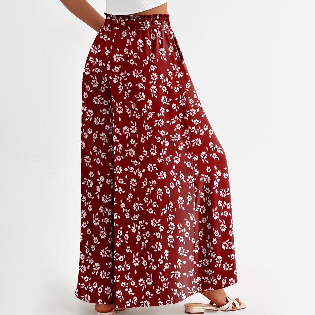 Women's Printed Wide Leg Pants With Pockets High Waist Drawstring Loose Casual Pants