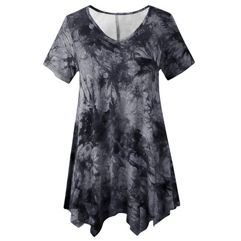 Large Size Fashion Tie-dye V-neck Hem Irregular Short Sleeved Blouse Loose O Neck Floral Top Summer Casual Office Sweet Tops Women's Clothing