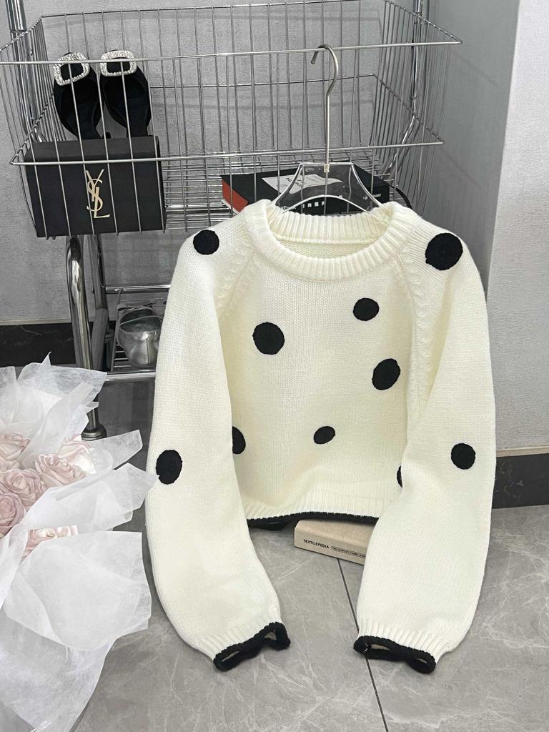 Women's Retro Polka Dot Fluffy Knit Sweater with Stand-Up Collar - Slimming Autumn/Winter Top