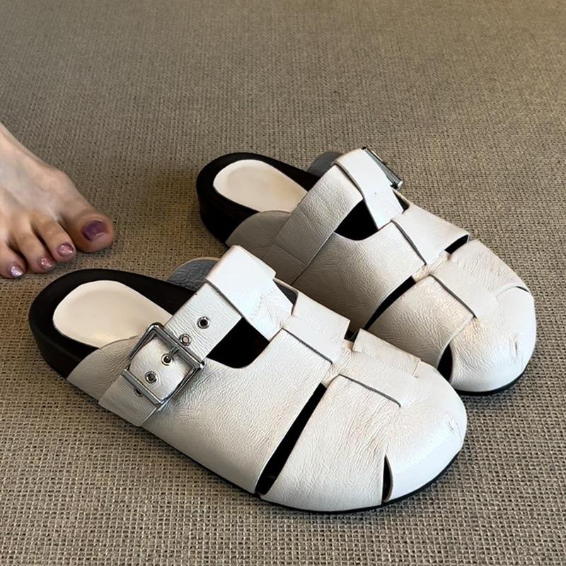 2025 new summer retro hollow woven bag head half slippers fashionable versatile not tired feet thick-soled Roman sandals