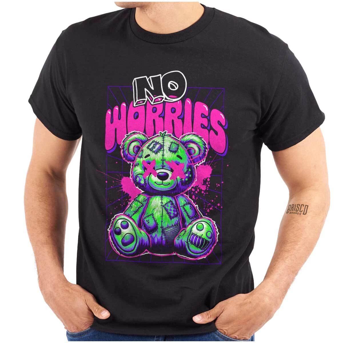 Cool Urban Streetwear No Worries Teddy Bear Womens or Mens Crewneck 100% Cotton T-shirt Mens Tees Top Tee 3XL