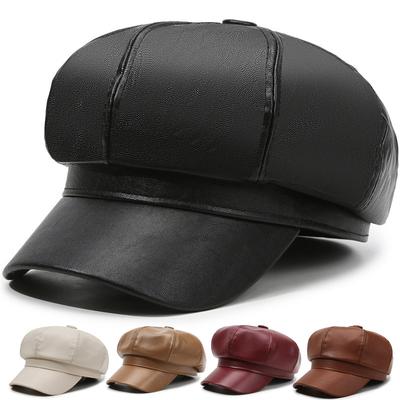 1PC PU Leather Winter Fall Peaked Caps Adjustable Painter Hat New Berets Women Hat Solid Color Beret Octagon Slimming Face