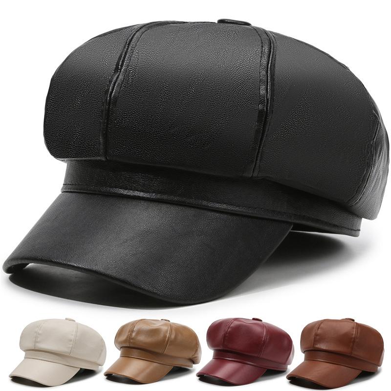 1PC PU Leather Winter Fall Peaked Caps Adjustable Painter Hat New Berets Women Hat Solid Color Beret Octagon Slimming Face
