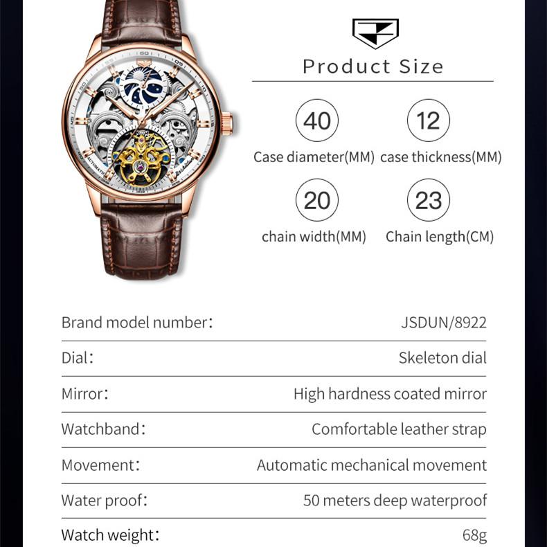 JINSHIDUN Ny forretnings- og fritidsklokke for herremote Hollow Moon Phase Vanntett lysende mekanisk klokke High-end herreklokke
