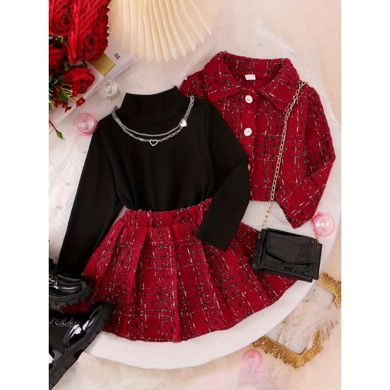 three-piece girls turtleneck black top  red plaid pleated skirt  red plaid short coat casual and comfortable daily wear birthday party family party
