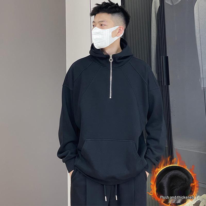 Men's Thick Fleece-Lined Half-Zip Hoodie, Spring/Autumn 2025, Casual Couple Hooded Top