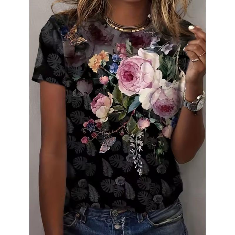 Women's Summer Round Neck Temperament T-shirt Breathable Short-sleeved Retro Floral Pattern Top Loose Casual Wear Ladies 3d T-shirt