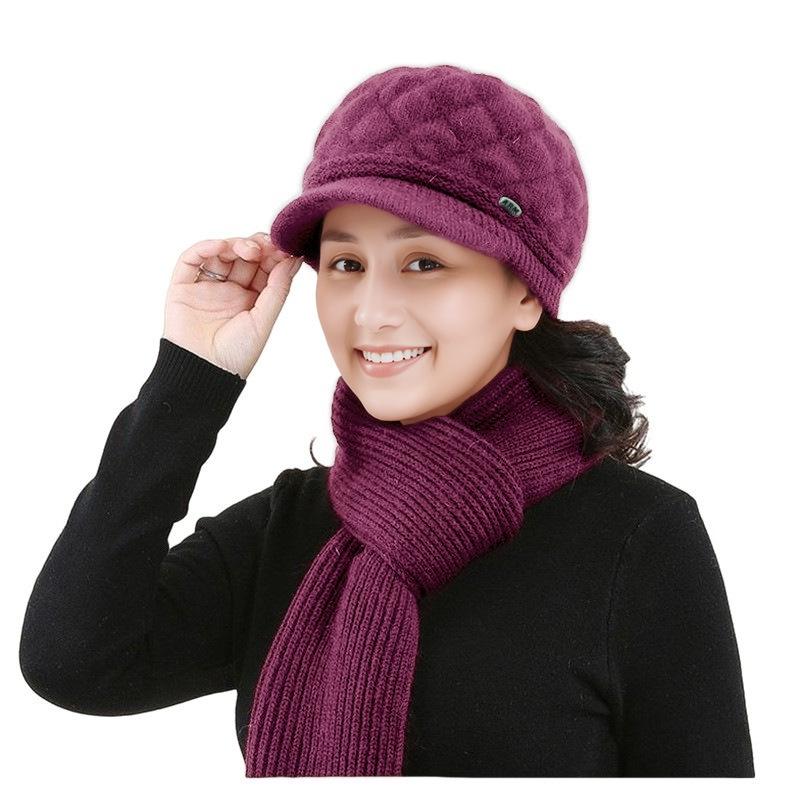 Women's Winter Warm Knitted Beret & Scarf Set - Velvet-Lined for Middle-Aged & Elderly