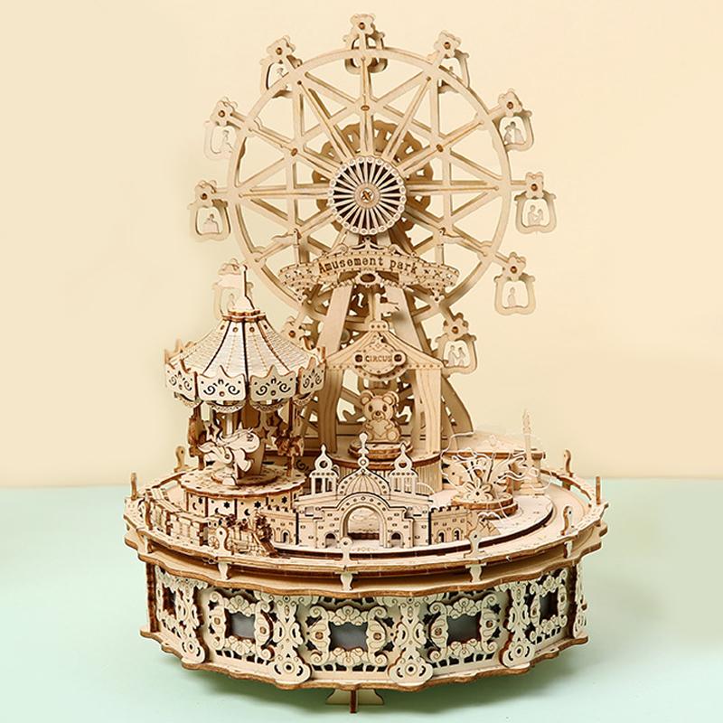 3D Wooden Puzzle Dream Amusement Park Led Rotatable Ferris Wheel Music Octave Box DIY Assembly Model Kit Toy Gift for Kids Adult