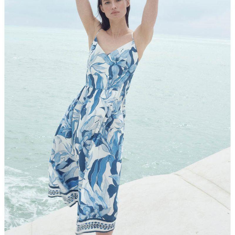 Summer Women's Cotton V Neck Sleeveless Pleated Flared Skirt Mid Length Long Length Sling Dress 1278036