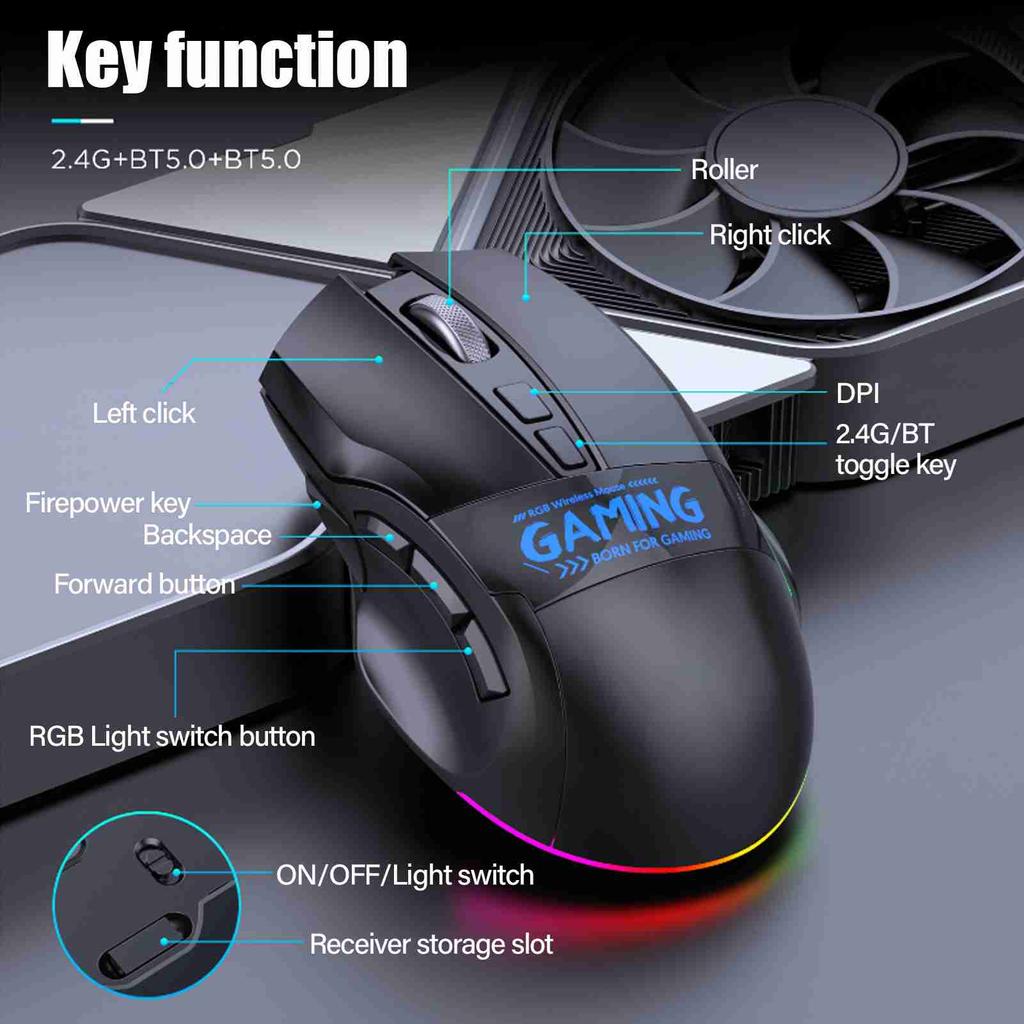 Wireless Gaming Mouse 9 Key Bluetooth Dual Mode DPI Adjustable Rechargeable Computer Mouse with RGB