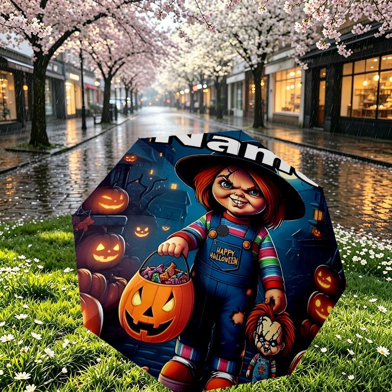 Custom Name Personalized Bride of Chucky Print Umbrella, Auto Open Close, 8‑Rib Sturdy Frame, Commute Camping Hiking Use, Birthday Gift