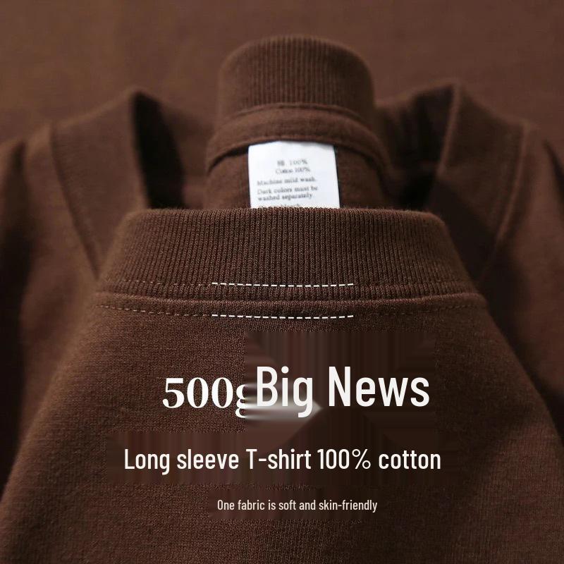 T-shirt Unisex Premium 500g Pesante Grigia 100% Cotone Spazzolato Double-Face a Manica Lunga.