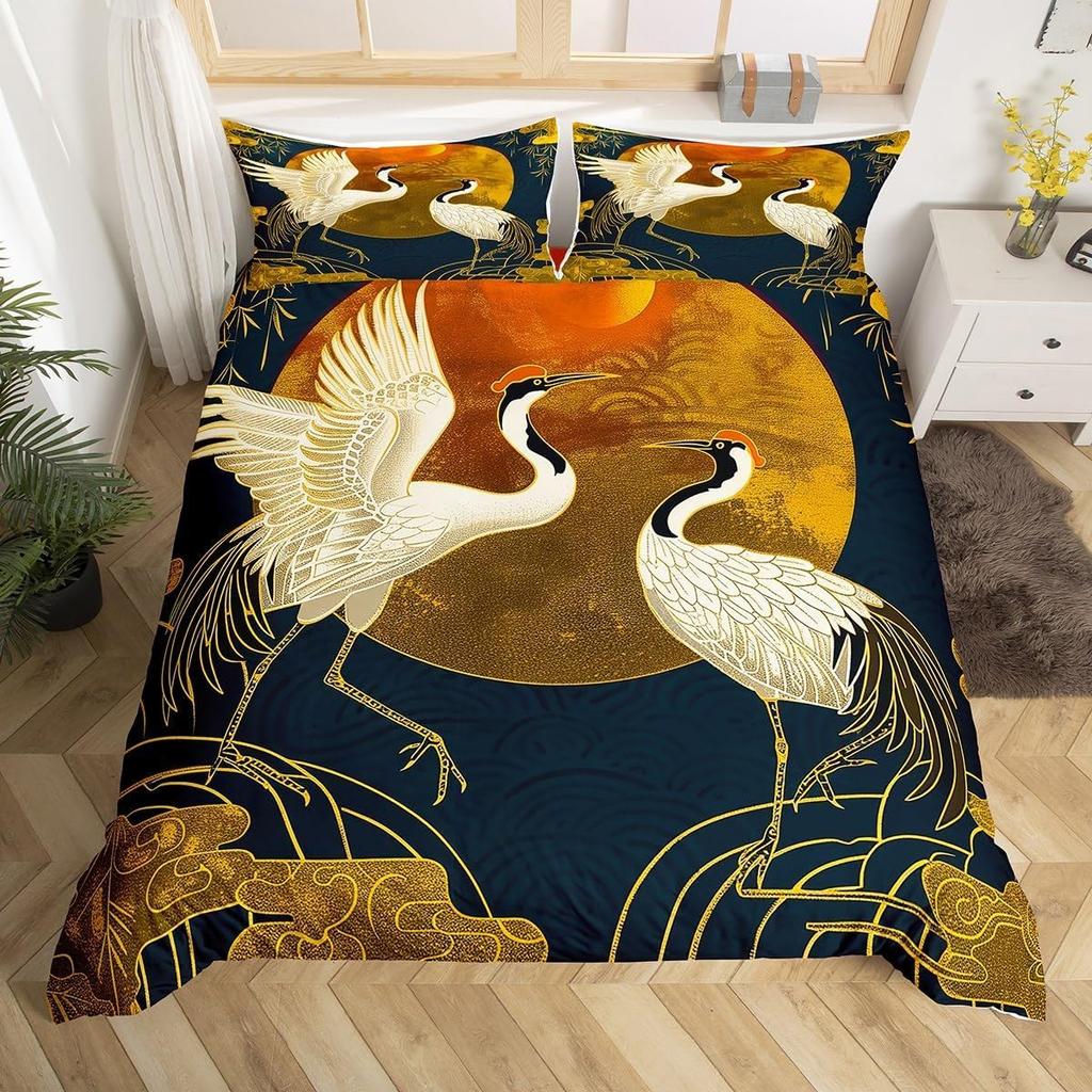 Comforter Crane Japanese Style Bedding Set Girly Bedroom Decor Cherry Blossoms Pattern