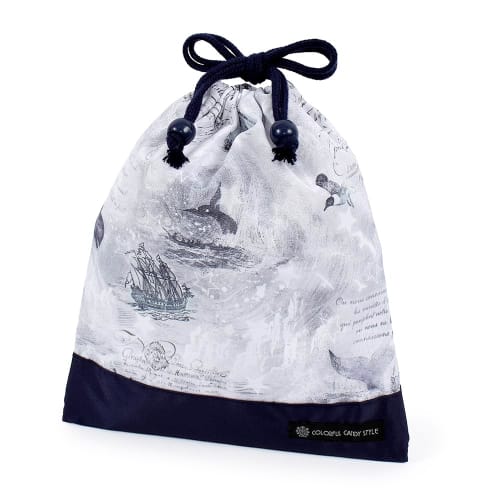 COLORFUL CANDY STYLE Drawstring Lunch Bag, Medium, No Gusset (with Name Tag), Water-Repellent, No-Iron, Whale and Logbook Design, Lightweight, Stain-R