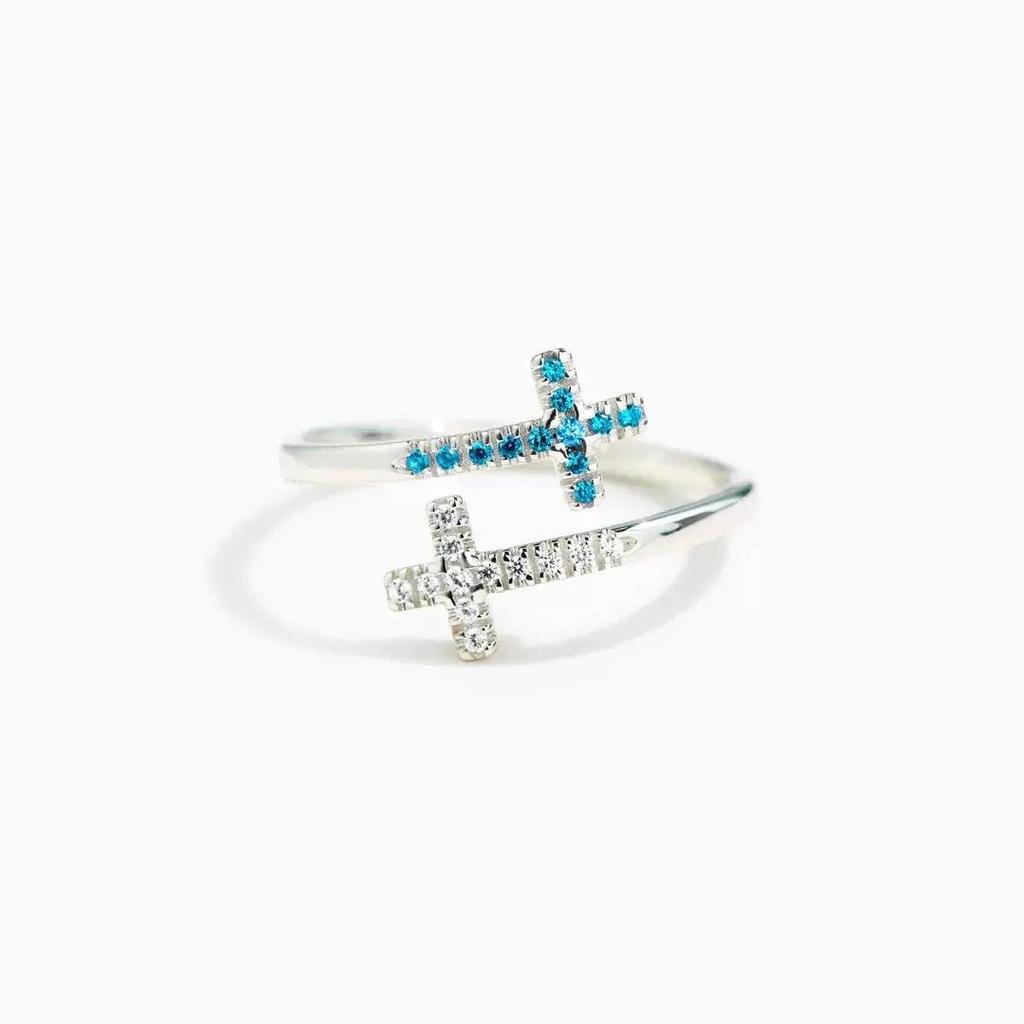 S925 Sterling Silver Two-Tone Stone Women's Fashion Cross Ring for Index Finger, European and American Style.
