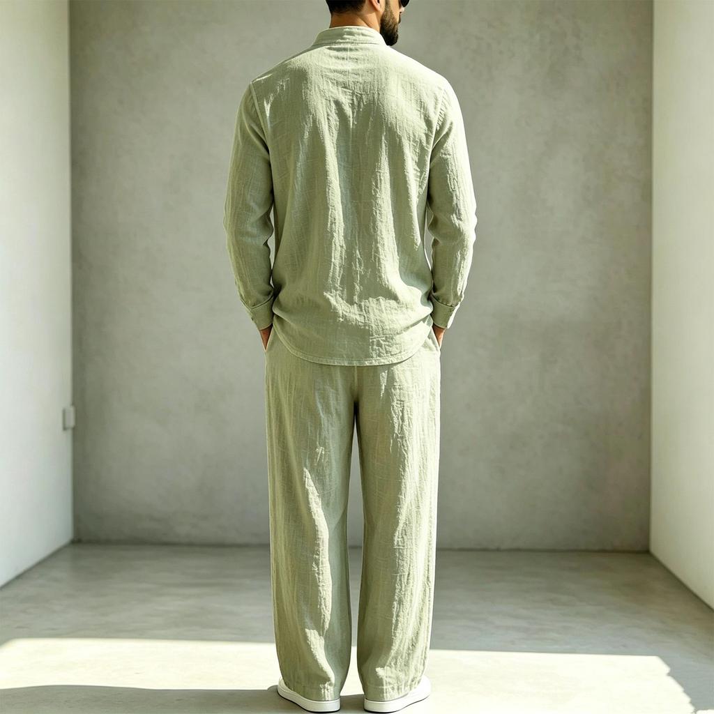 Men's Linen Two Piece Set Long Sleeve Shirt and Pants Casual Loose Fit Outfit