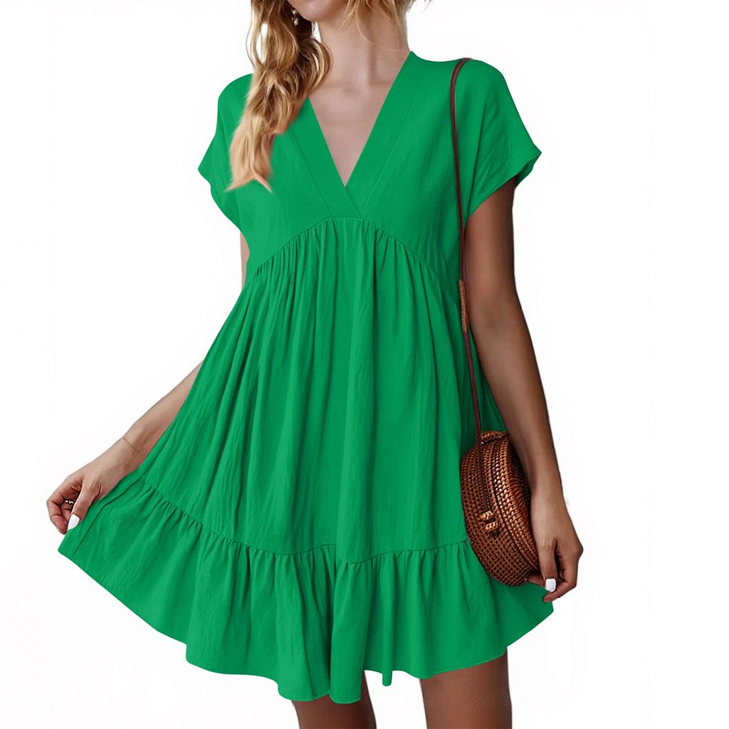 Women's Fashion Casual Slim Covered Sleeve V-Neck Pleated Ruffle Dresses