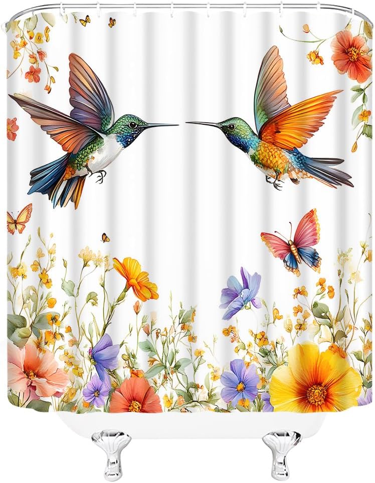 Flower Hummingbird Shower Curtain Colorful Wildflower Butterfly Watercolor Floral Bird Cute Spring Natural Plant Garden Bathroom