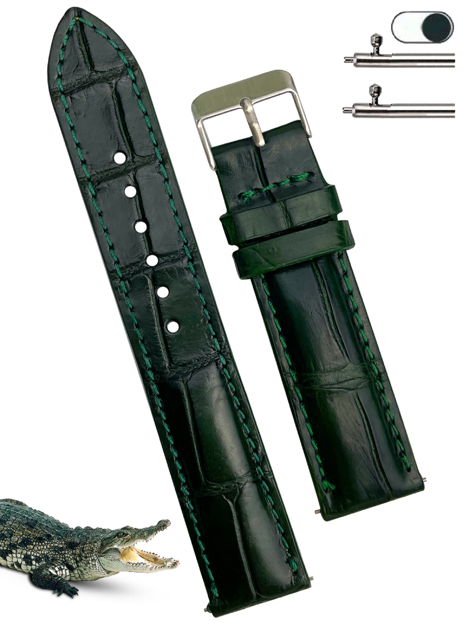 [vietnamcreations] 19mm Green Crocodile Watch Strap, Quick Release, Replacement Crocodile Leather Watch Band with Wrist Buckle, Handmade, Men s,
