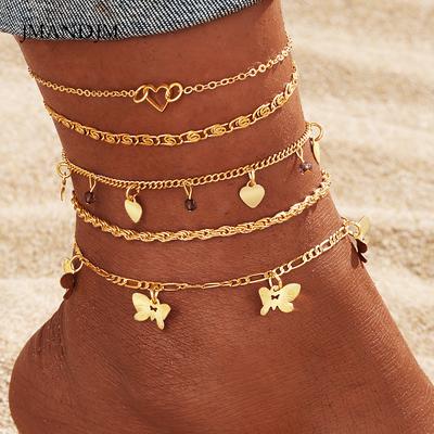 New Fashion Women Hollow Love Sequins Butterfly Summer Beach Wind Anklet Five-piece Foot Decoration
