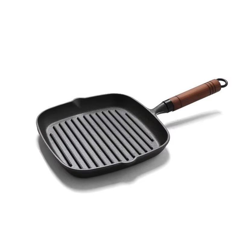 Cookware Cast Iron Square Grill Pan Steak Fry Pan with Wood Handle