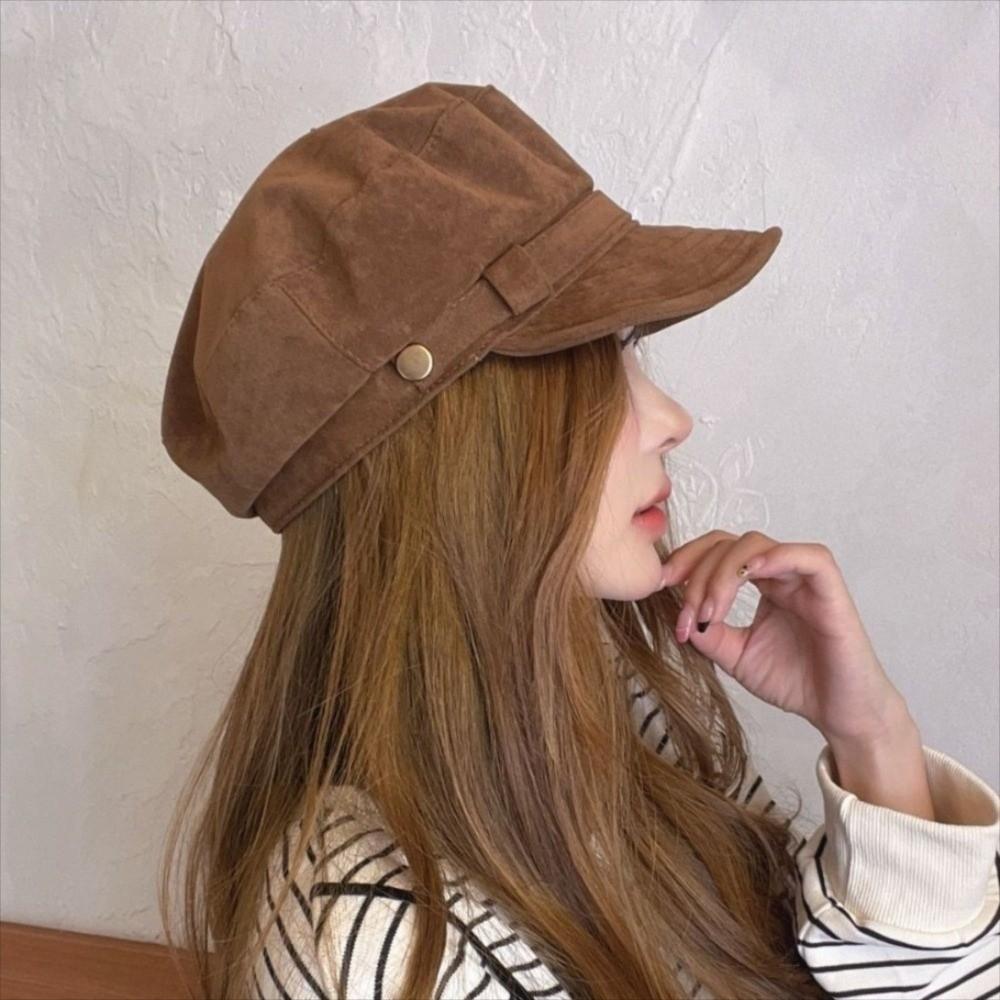 Flat Top Newsboy Hat Short Brim Artist Hat Versatile Suede Berets  Girls