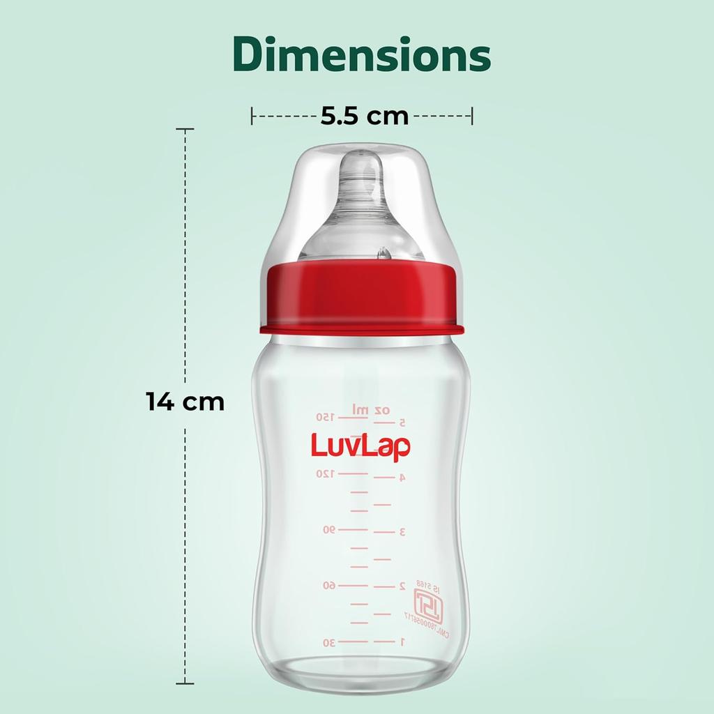 LuvLap Natura Flo Glasflasche mit breitem Hals, BPA-frei, ergonomisches Design mit Anti-Kolik-Sauger, 150 ml, für Neugeborene bis 3 Jahre