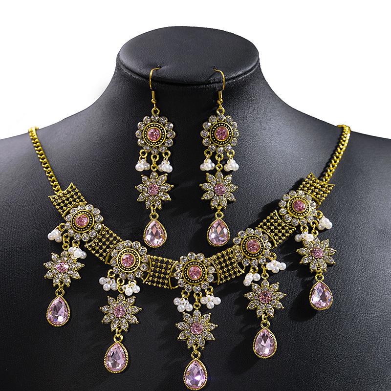 Bohemian Crystal Jewelry Set: Ethnic Tassel Necklace & Earring with Rhinestones