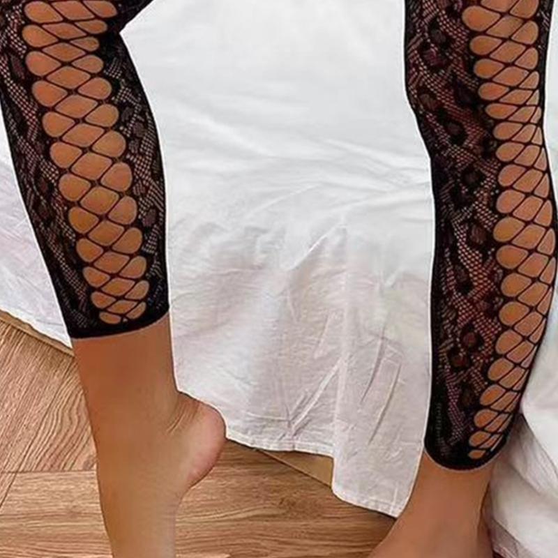 Side Crisscross Hollow-Out Mesh Stockings Pantyhose for Women Sexy Crotch Opening Footless Fishnet Net Tights Leggings