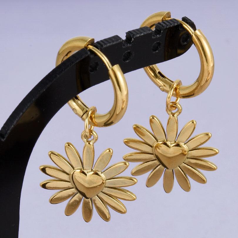 Real Gold Plated Fashion Kpop Piercing Jewelry Girl Bowknot Flower Heart Pendant Earring Stainless Steel Hoop Earrings For Women