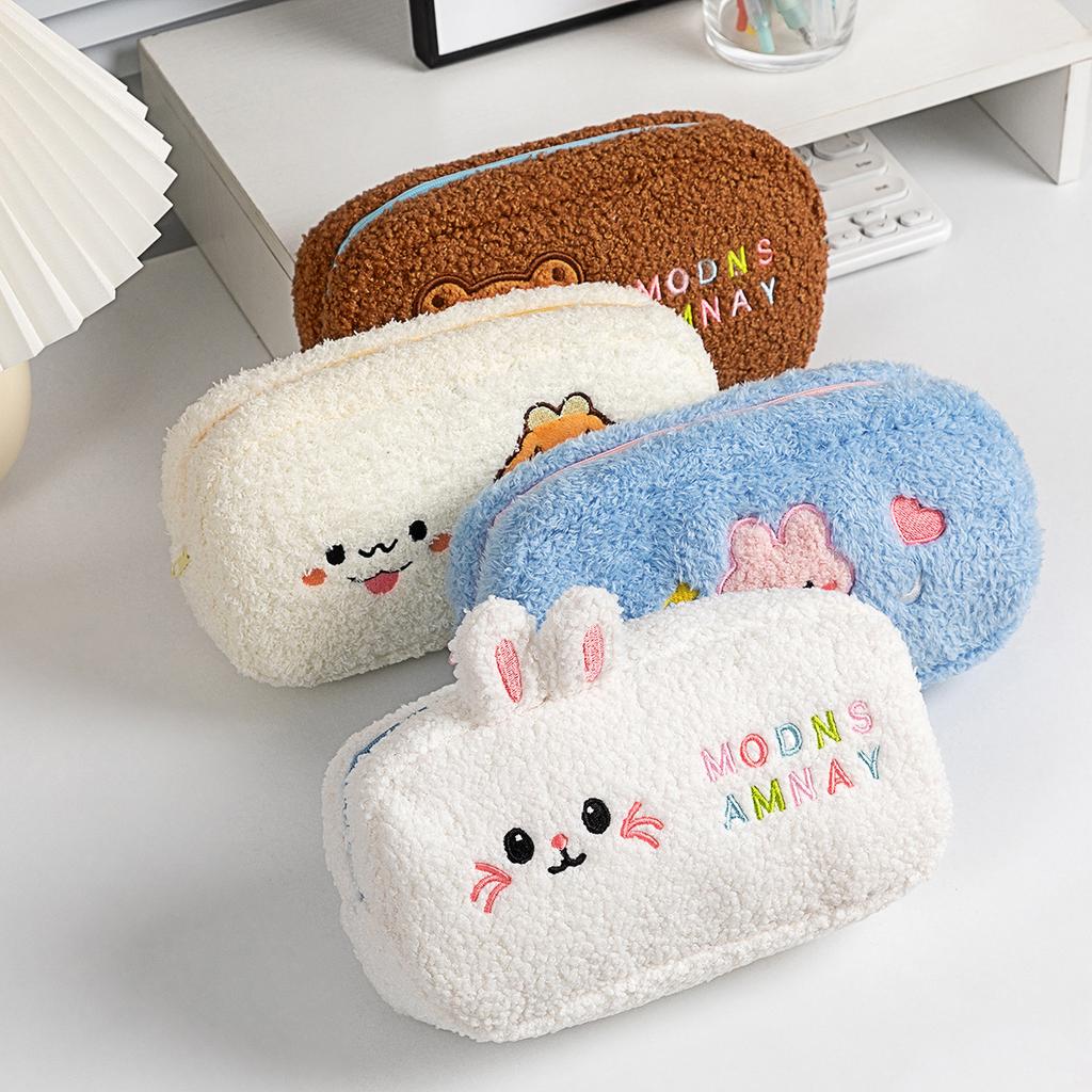 Cute Stationery Bag Desktop Storage Large Capacity Pencil Case Bear Rabbit Printed Pen Pouch for Student Girls Makeup Bags Gift