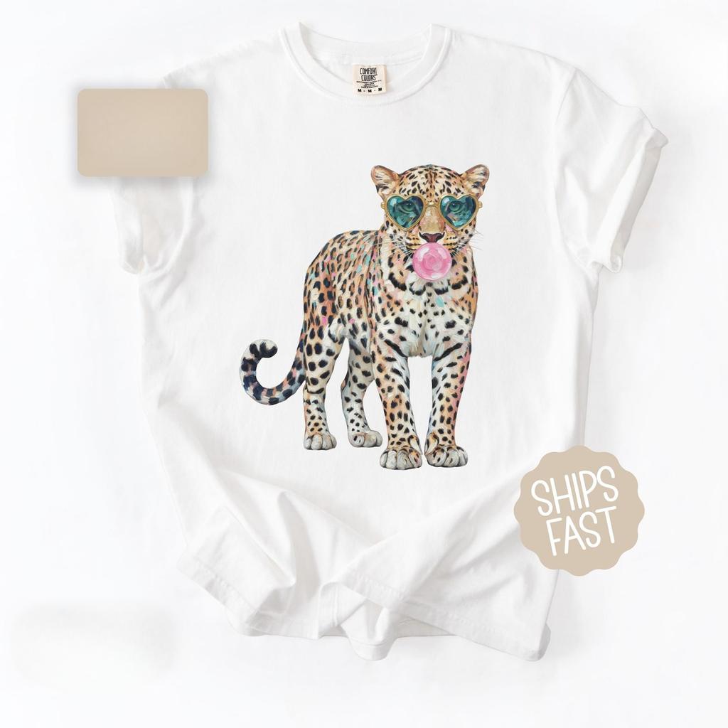 Leopard Comfort Colors Shirt Leopard Bubblegum Sunglasses TShirt Cute Animal Print Tee Harajuku Fashion Unisexs Clothing