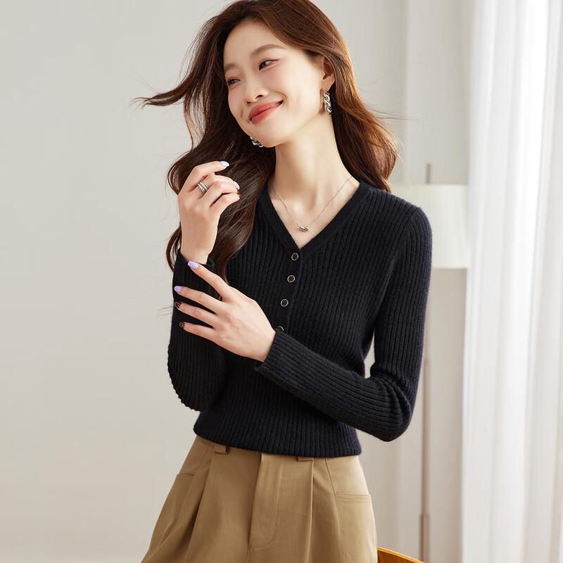 Srcr Women's 100% Consinee Cashmere Slim-Fit Ribbed V-Neck Sweater