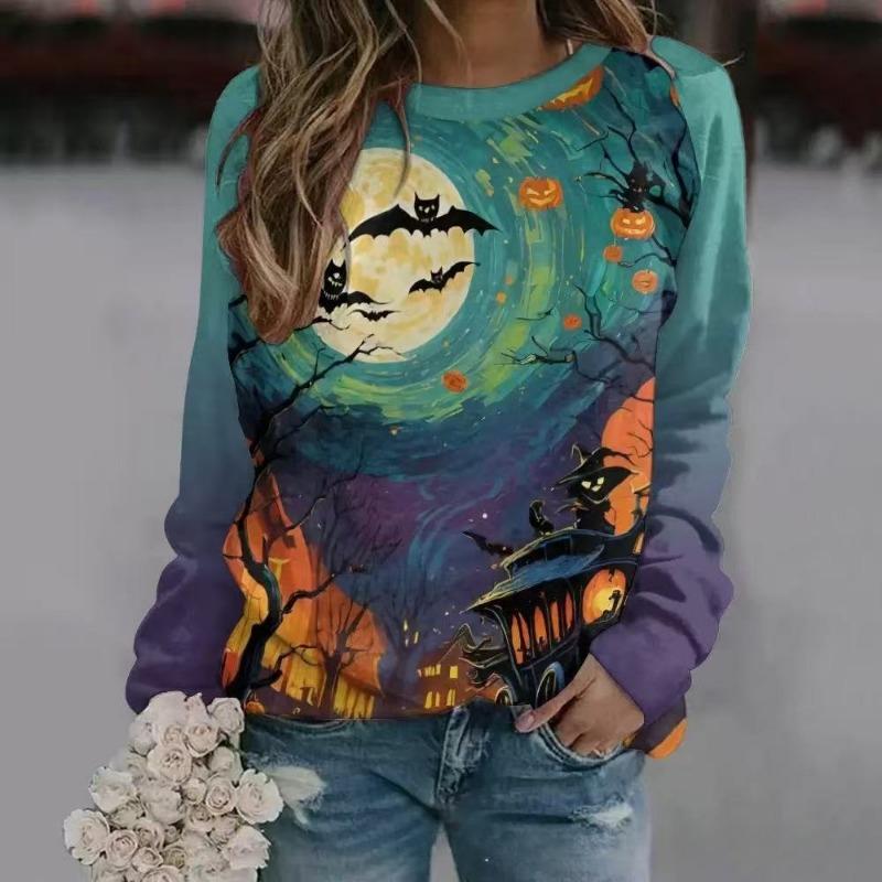New Halloween Ladies Sweater 3D Digital Printing Pumpkin Bat Dark Pattern Crew Neck Long Sleeve Top