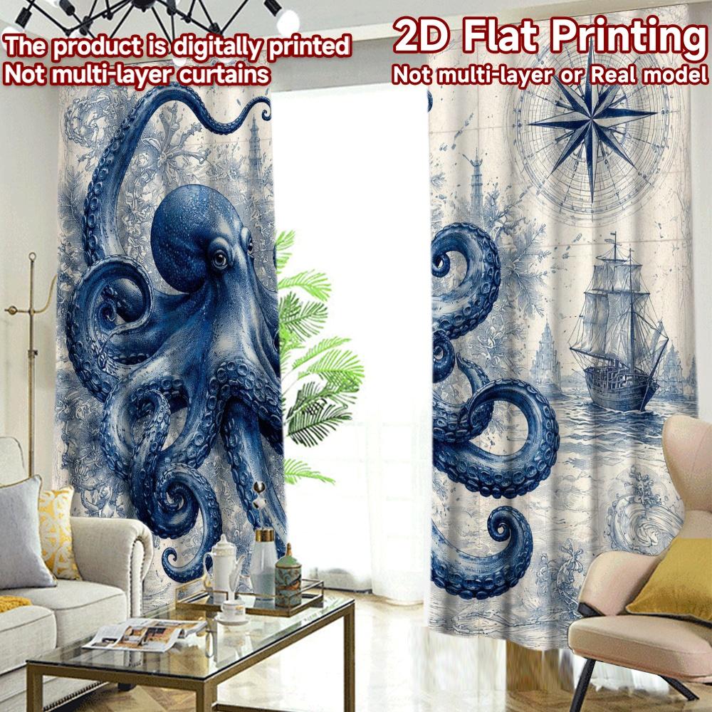 2D FLAT PRINTING 2pcs Curtains (Without Rod) Nautical Adventure Drawing Print Chic Curtains Machine Washable Fabric Curtains Art
