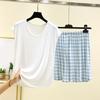 Ladies' Casual And Comfortable Round Neck Solid Color Top With Checkered Printed Shorts Plus Size Set