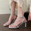 Elingstudio premium open-toed white rhinestone one-word with high-heeled sandals women's summer square-head stilettos