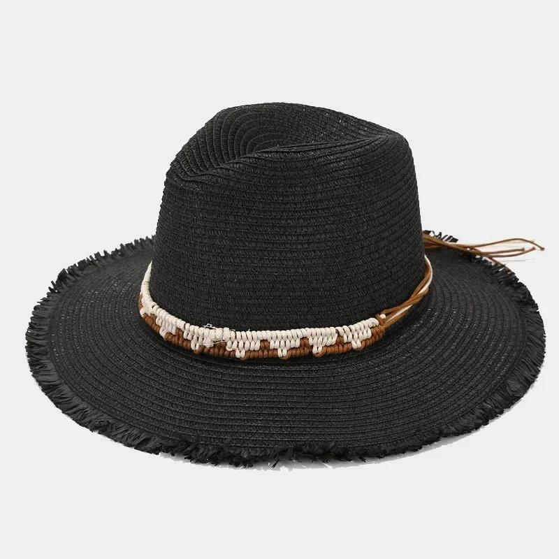 

Women Panama Straw Hat Handwoven Wide Brim Bohemian Elegant Sun Protection Beach Drawstring Adjustable Summer Vacation Resort 56-59 cm чорний