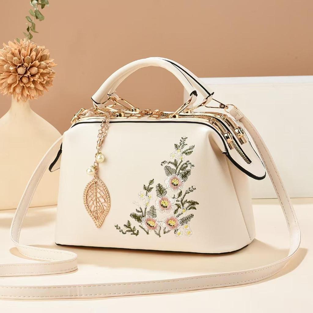 Women's Floral Embroidered Handbag, PU Leather Kiss Lock Crossbody Shoulder Bag with Leaf Charm, Elegant Boston Pillow Bag