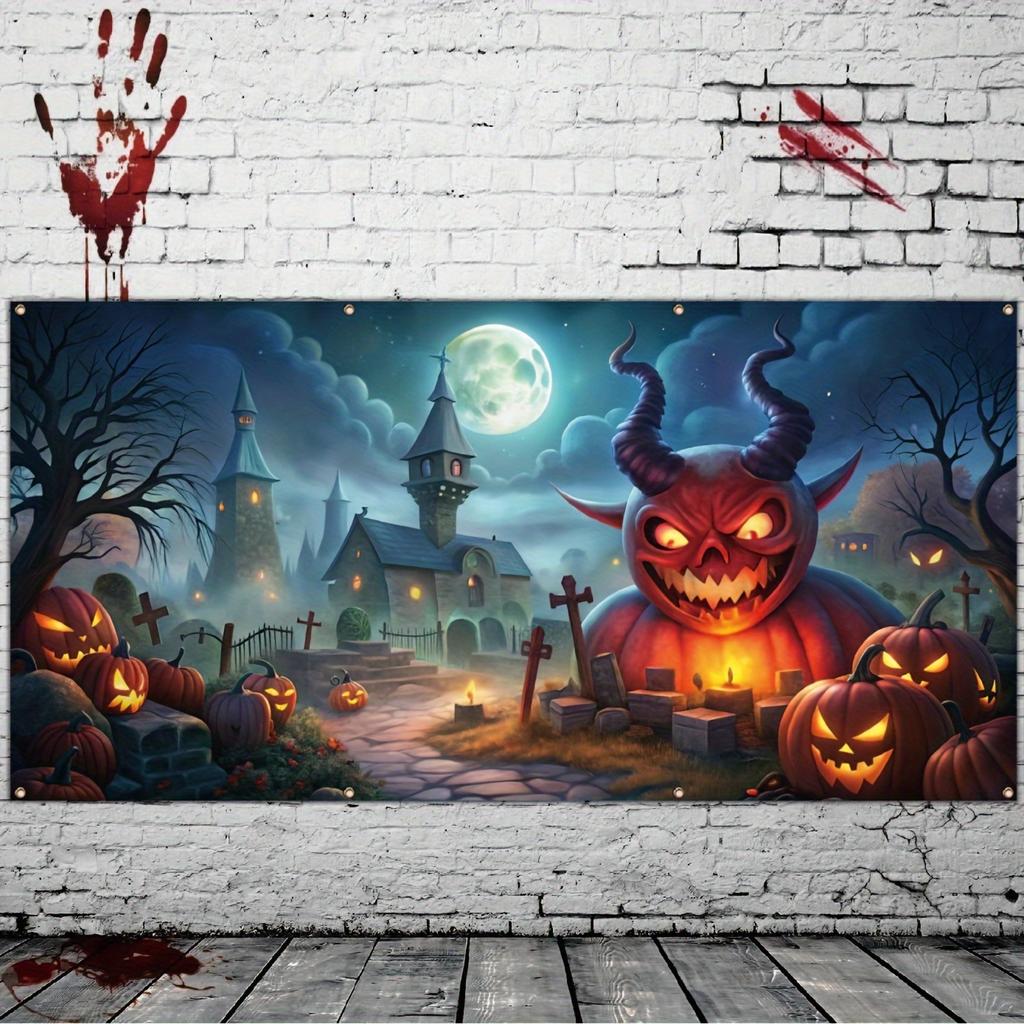 1 Ghost Halloween Garage Polyester Banner Castle and Pumpkin Monster Perfect for Halloween Garage Decoration