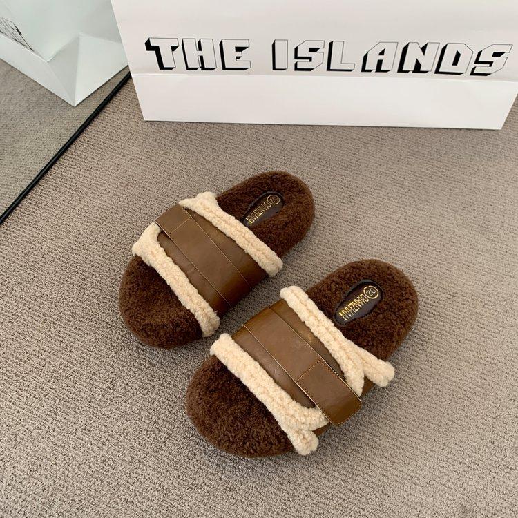 

[Жареная курица универсальные] Туфли Мао Мао, нишевый дизайн, толстая подошва из овечьей шерсти, верхняя одежда из бархата, шлепанцы на одной подошве, женские осенне-зимние 40 коричневый