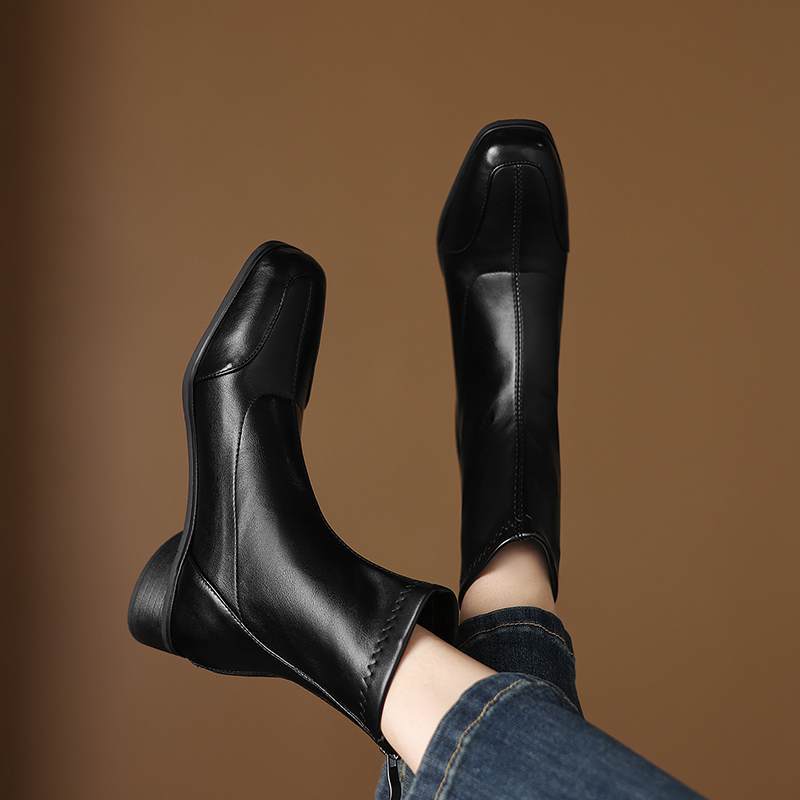 Krazing Pot Microfiber Winter Square Toe Modern Size 33 Boots Size 43 Concise Design Med Heels Zipper Women Ankle Boots