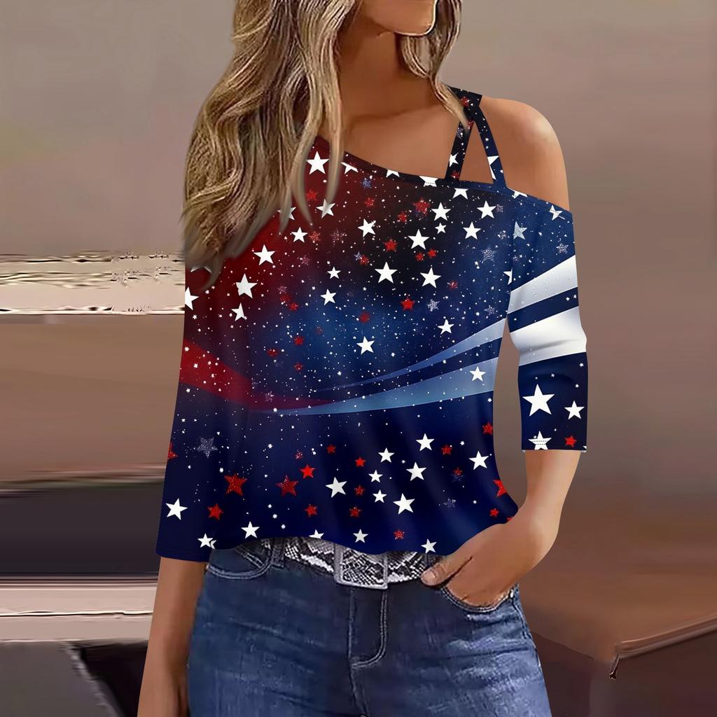 Women's Fashion Casual Independence Day Print Sexy Cold Shoulder 3/4 Sleeve T-shirt Top