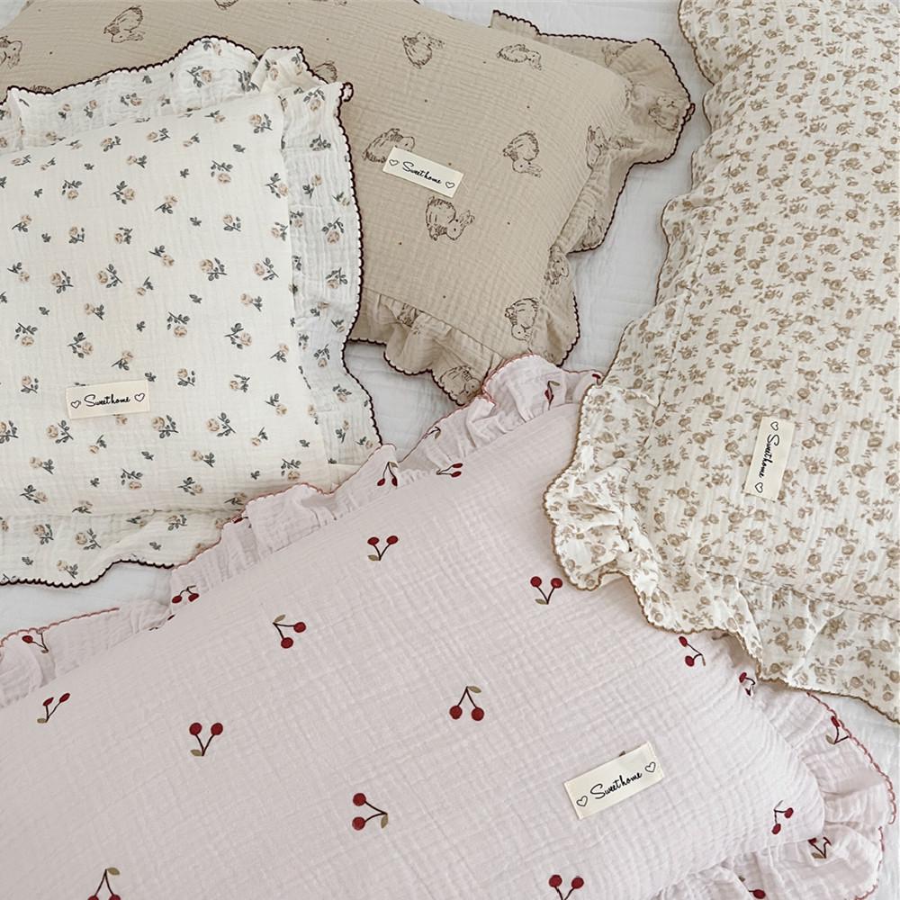 Small Floral Ruffle Lace Double Layer Cotton Gauze Pillowcase for Kindergarten