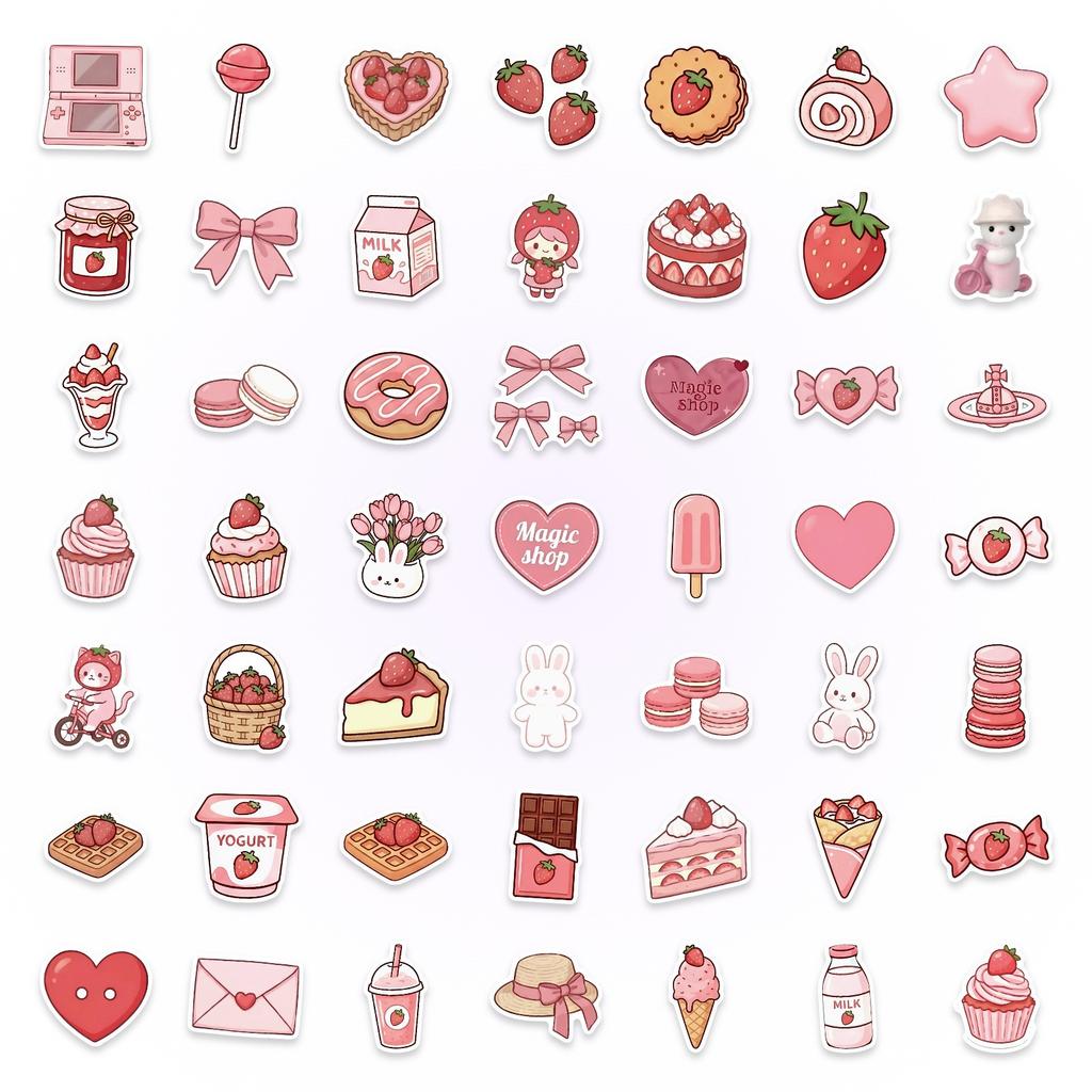 50 Cute Pink Dessert Bunny Stickers Waterproof Girl Heart Stickers Kawaii Pink Dessert Stickers
